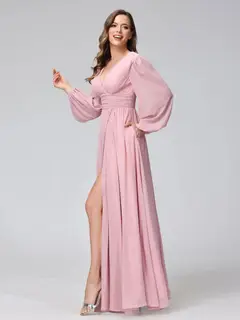 A-Line/Princess V-Neck Long Sleeves Floor-Length Bridemaid Dresses With Split Side & Pockets — view 5