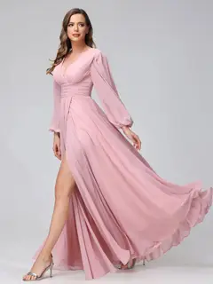 A-Line/Princess V-Neck Long Sleeves Floor-Length Bridemaid Dresses With Split Side & Pockets — view 6