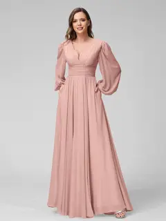 A-Line/Princess V-Neck Long Sleeves Floor-Length Bridemaid Dresses With Split Side & Pockets — view 7