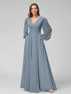 A-Line/Princess V-Neck Long Sleeves Floor-Length Bridemaid Dresses With Split Side & Pockets — view 8