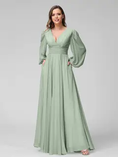 A-Line/Princess V-Neck Long Sleeves Floor-Length Bridemaid Dresses With Split Side & Pockets — view 10