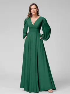 A-Line/Princess V-Neck Long Sleeves Floor-Length Bridemaid Dresses With Split Side & Pockets — view 11