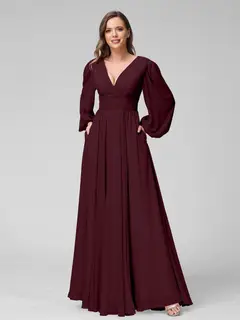 A-Line/Princess V-Neck Long Sleeves Floor-Length Bridemaid Dresses With Split Side & Pockets — view 12