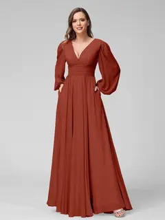 A-Line/Princess V-Neck Long Sleeves Floor-Length Bridemaid Dresses With Split Side & Pockets — view 13