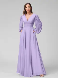 A-Line/Princess V-Neck Long Sleeves Floor-Length Bridemaid Dresses With Split Side & Pockets — view 14