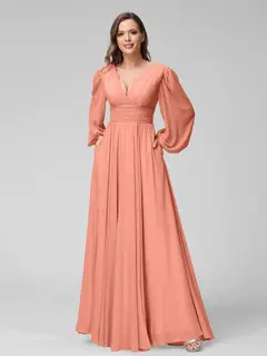 A-Line/Princess V-Neck Long Sleeves Floor-Length Bridemaid Dresses With Split Side & Pockets — view 15
