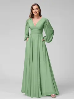A-Line/Princess V-Neck Long Sleeves Floor-Length Bridemaid Dresses With Split Side & Pockets — view 16