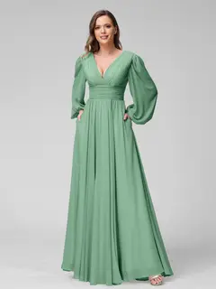 A-Line/Princess V-Neck Long Sleeves Floor-Length Bridemaid Dresses With Split Side & Pockets — view 17
