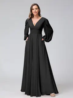 A-Line/Princess V-Neck Long Sleeves Floor-Length Bridemaid Dresses With Split Side & Pockets — view 18