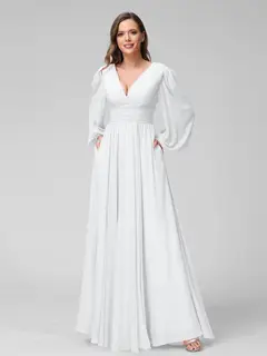 A-Line/Princess V-Neck Long Sleeves Floor-Length Bridemaid Dresses With Split Side & Pockets — view 19