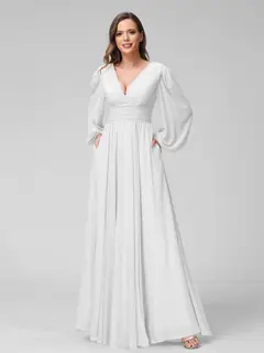 A-Line/Princess V-Neck Long Sleeves Floor-Length Bridemaid Dresses With Split Side & Pockets — view 20