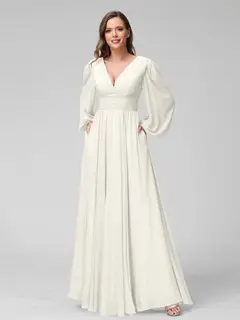 A-Line/Princess V-Neck Long Sleeves Floor-Length Bridemaid Dresses With Split Side & Pockets — view 21