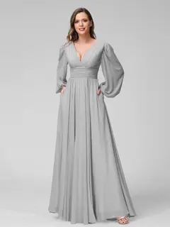 A-Line/Princess V-Neck Long Sleeves Floor-Length Bridemaid Dresses With Split Side & Pockets — view 22
