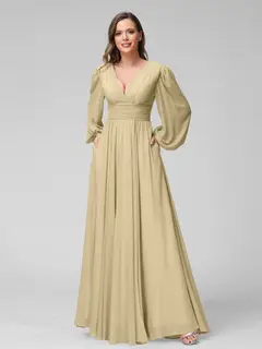 A-Line/Princess V-Neck Long Sleeves Floor-Length Bridemaid Dresses With Split Side & Pockets — view 24