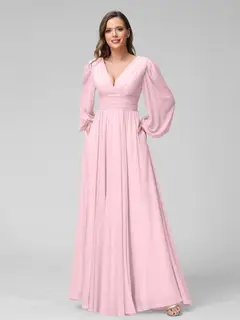 A-Line/Princess V-Neck Long Sleeves Floor-Length Bridemaid Dresses With Split Side & Pockets — view 25