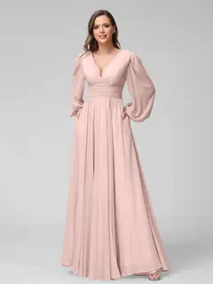 A-Line/Princess V-Neck Long Sleeves Floor-Length Bridemaid Dresses With Split Side & Pockets — view 26