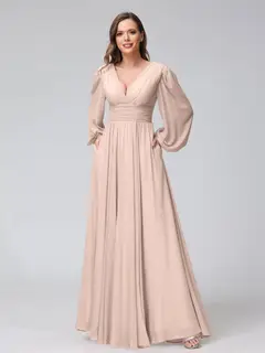 A-Line/Princess V-Neck Long Sleeves Floor-Length Bridemaid Dresses With Split Side & Pockets — view 28