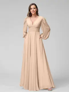 A-Line/Princess V-Neck Long Sleeves Floor-Length Bridemaid Dresses With Split Side & Pockets — view 29