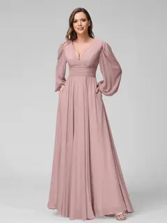 A-Line/Princess V-Neck Long Sleeves Floor-Length Bridemaid Dresses With Split Side & Pockets — view 30