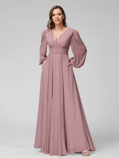 A-Line/Princess V-Neck Long Sleeves Floor-Length Bridemaid Dresses With Split Side & Pockets — view 31