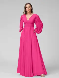 A-Line/Princess V-Neck Long Sleeves Floor-Length Bridemaid Dresses With Split Side & Pockets — view 33