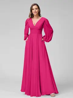 A-Line/Princess V-Neck Long Sleeves Floor-Length Bridemaid Dresses With Split Side & Pockets — view 34