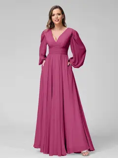 A-Line/Princess V-Neck Long Sleeves Floor-Length Bridemaid Dresses With Split Side & Pockets — view 35