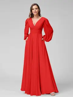 A-Line/Princess V-Neck Long Sleeves Floor-Length Bridemaid Dresses With Split Side & Pockets — view 36