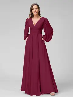 A-Line/Princess V-Neck Long Sleeves Floor-Length Bridemaid Dresses With Split Side & Pockets — view 38