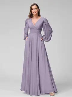 A-Line/Princess V-Neck Long Sleeves Floor-Length Bridemaid Dresses With Split Side & Pockets — view 39