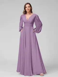 A-Line/Princess V-Neck Long Sleeves Floor-Length Bridemaid Dresses With Split Side & Pockets — view 40