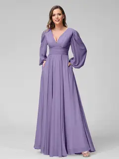 A-Line/Princess V-Neck Long Sleeves Floor-Length Bridemaid Dresses With Split Side & Pockets — view 41
