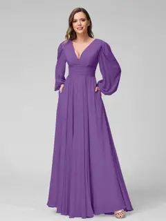 A-Line/Princess V-Neck Long Sleeves Floor-Length Bridemaid Dresses With Split Side & Pockets — view 42
