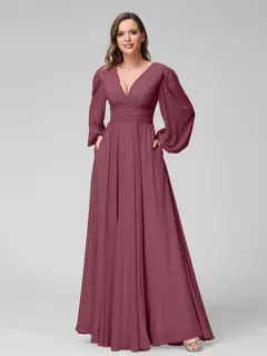 A-Line/Princess V-Neck Long Sleeves Floor-Length Bridemaid Dresses With Split Side & Pockets — view 43