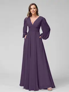 A-Line/Princess V-Neck Long Sleeves Floor-Length Bridemaid Dresses With Split Side & Pockets — view 45