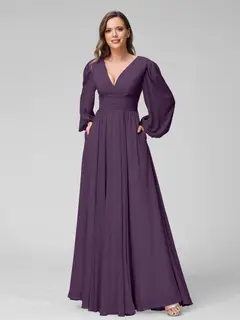 A-Line/Princess V-Neck Long Sleeves Floor-Length Bridemaid Dresses With Split Side & Pockets — view 46