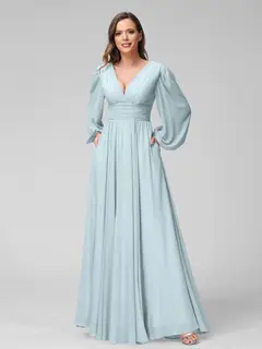 A-Line/Princess V-Neck Long Sleeves Floor-Length Bridemaid Dresses With Split Side & Pockets — view 47