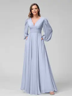 A-Line/Princess V-Neck Long Sleeves Floor-Length Bridemaid Dresses With Split Side & Pockets — view 48