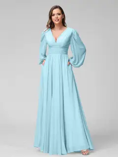 A-Line/Princess V-Neck Long Sleeves Floor-Length Bridemaid Dresses With Split Side & Pockets — view 49