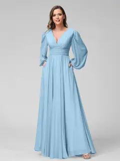 A-Line/Princess V-Neck Long Sleeves Floor-Length Bridemaid Dresses With Split Side & Pockets — view 50
