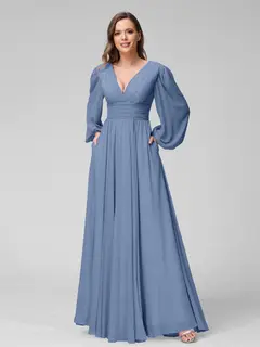 A-Line/Princess V-Neck Long Sleeves Floor-Length Bridemaid Dresses With Split Side & Pockets — view 51