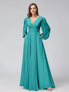 A-Line/Princess V-Neck Long Sleeves Floor-Length Bridemaid Dresses With Split Side & Pockets — view 52
