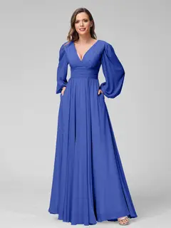 A-Line/Princess V-Neck Long Sleeves Floor-Length Bridemaid Dresses With Split Side & Pockets — view 54