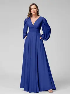 A-Line/Princess V-Neck Long Sleeves Floor-Length Bridemaid Dresses With Split Side & Pockets — view 56