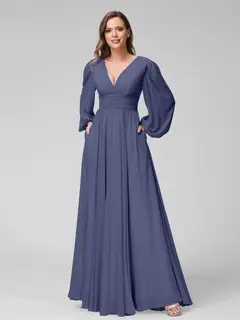 A-Line/Princess V-Neck Long Sleeves Floor-Length Bridemaid Dresses With Split Side & Pockets — view 57
