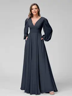A-Line/Princess V-Neck Long Sleeves Floor-Length Bridemaid Dresses With Split Side & Pockets — view 59