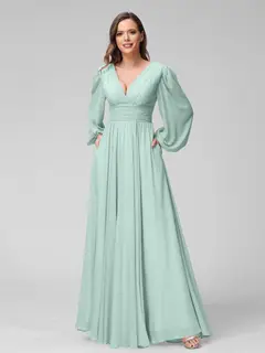 A-Line/Princess V-Neck Long Sleeves Floor-Length Bridemaid Dresses With Split Side & Pockets — view 60