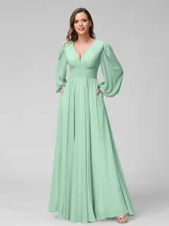 A-Line/Princess V-Neck Long Sleeves Floor-Length Bridemaid Dresses With Split Side & Pockets — view 61