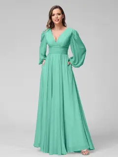 A-Line/Princess V-Neck Long Sleeves Floor-Length Bridemaid Dresses With Split Side & Pockets — view 62