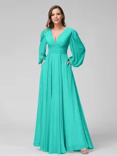 A-Line/Princess V-Neck Long Sleeves Floor-Length Bridemaid Dresses With Split Side & Pockets — view 63